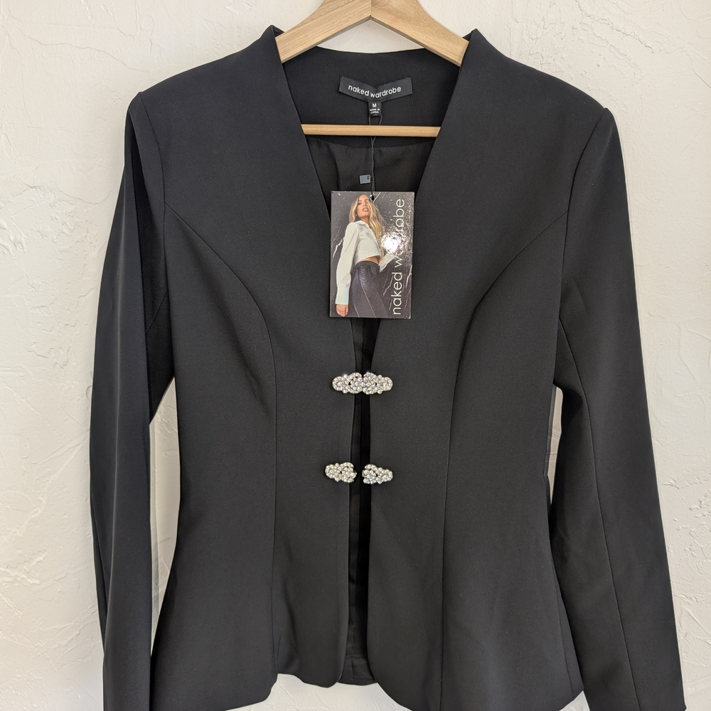 Naked Wardrobe Black Women's Blazer with Embellished Closure